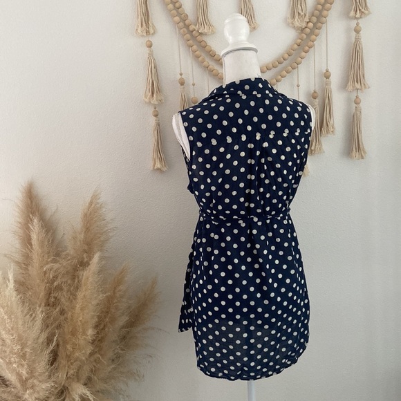 J. Crew navy polka dot shirt dress sleeveless tunic cream blue tie waist medium - Picture 13 of 15